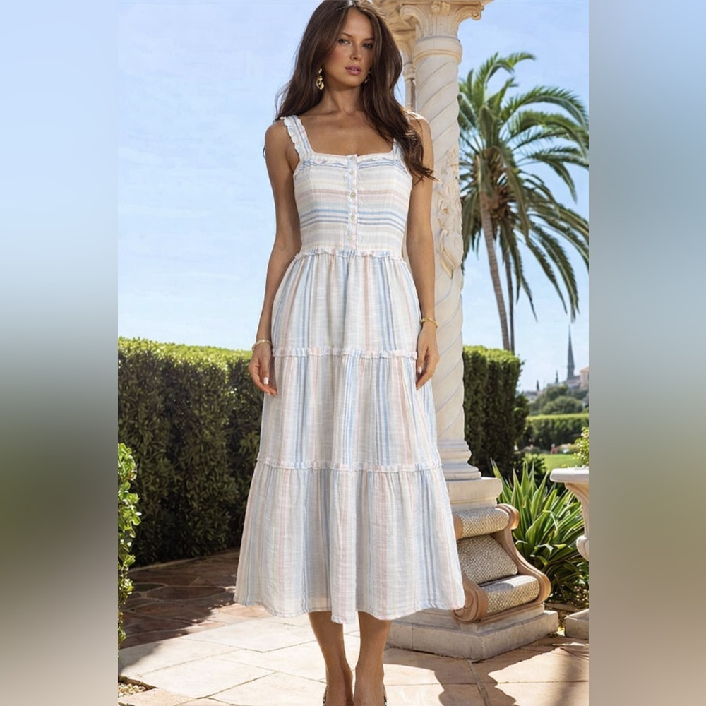 Casual Pastel Stripe Tiered Midi Dress